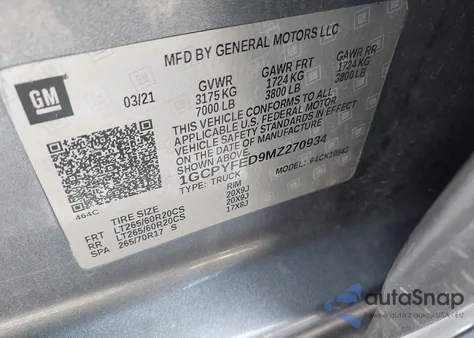 2021 Chevrolet Silverado 1500 4Wd Short Bed Lt Trail Boss z USA, uszkodzony, nr VIN 1GCPYFED9MZ270934